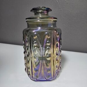 Vintage Iridescent Rainbow Embossed Carnival Glass Canister Cookie Jar W/ Lid